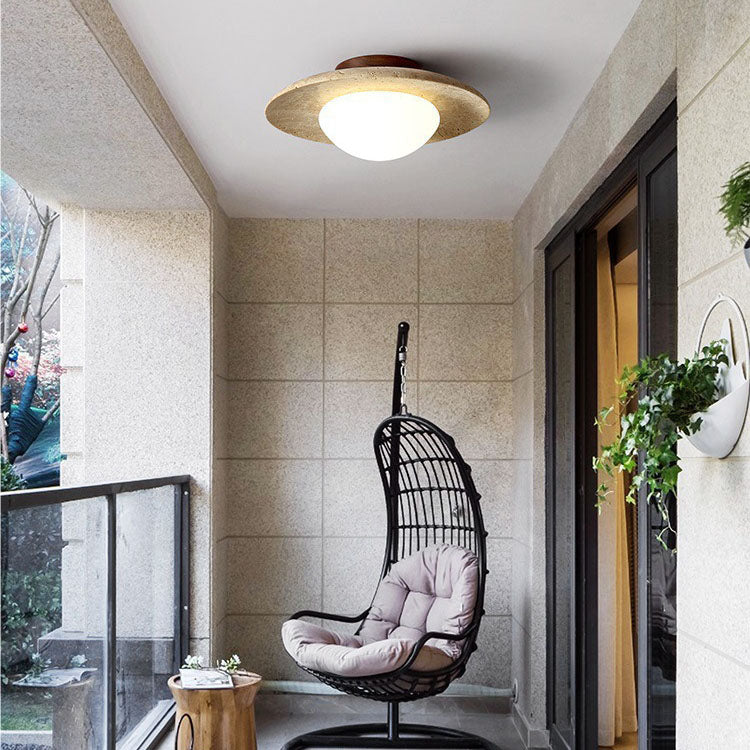 Modern Minimalist Yellow Travertine Cylinder Oval Dish Semi-Flush Mount Light for Living Room