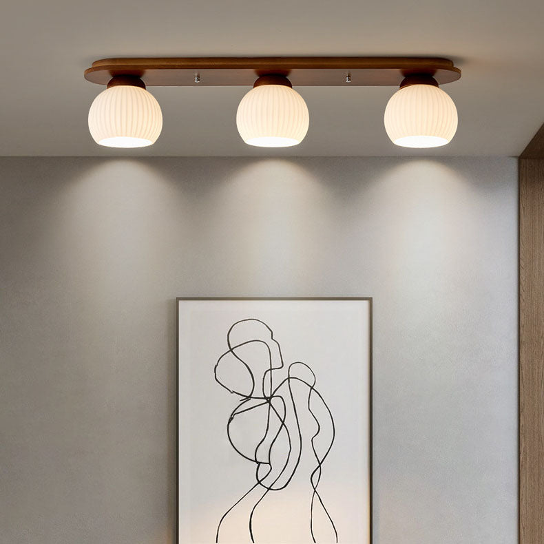 Traditional Japanese Striped Glass Wood Long Plate Flush Mount Ceiling Light