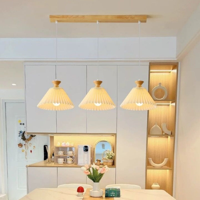 Traditional Japanese Rubberwood Pleated Cone Island Chandelier for Living Room