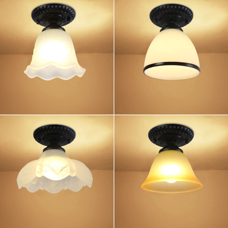 Contemporary Retro Floral Semi-Flush Mount Ceiling Light - Bell Round Iron & Glass for Hallway