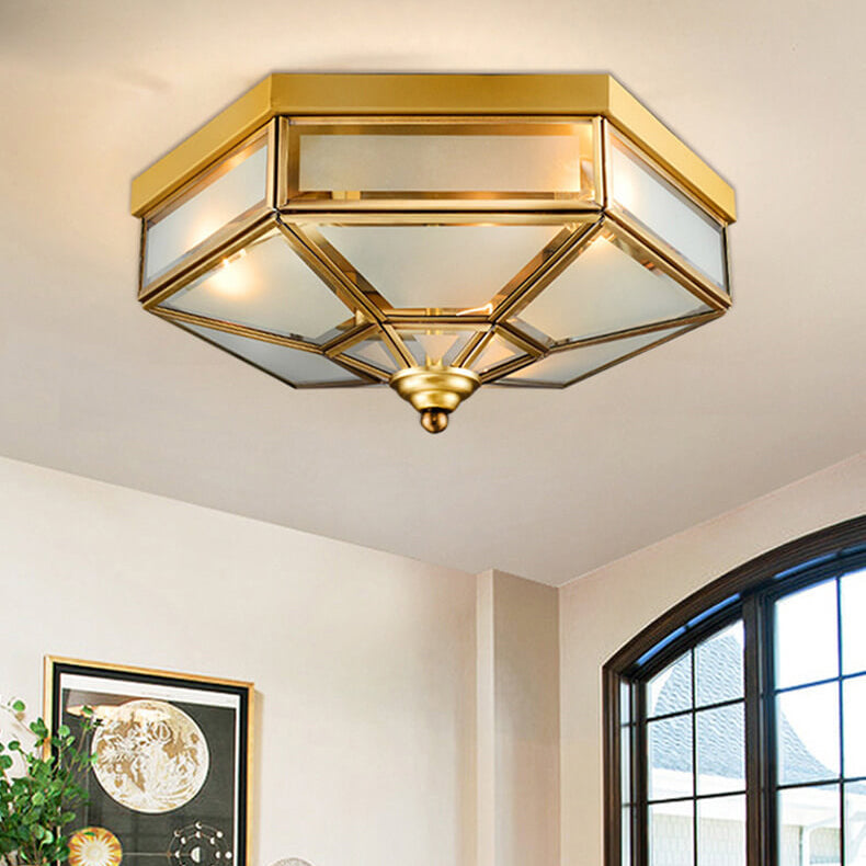 Traditional European Copper Glass Flush Mount Ceiling Light 3/4 Light for Living Room