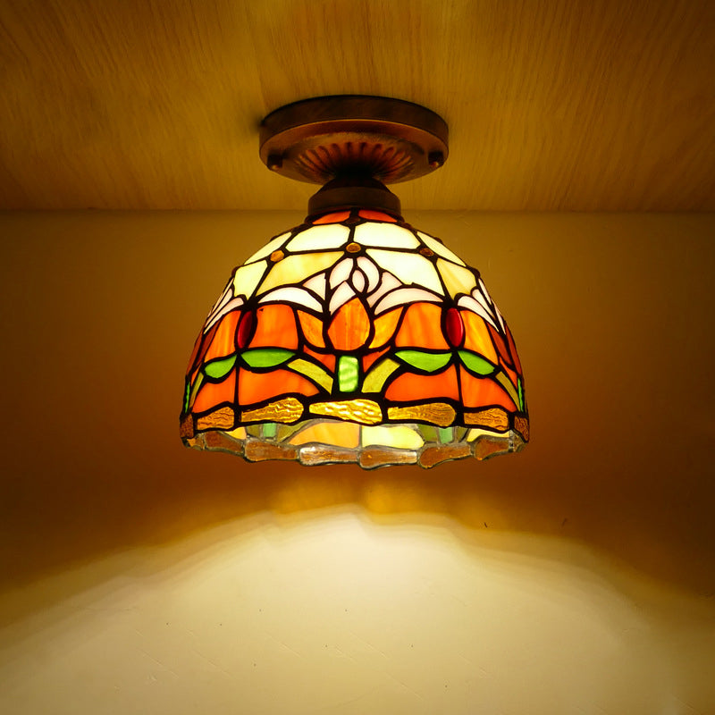 Traditional Tiffany Tulip Stained Glass Ceiling Light - Iron Dome 1-Light Semi-Flush Mount for Living Room
