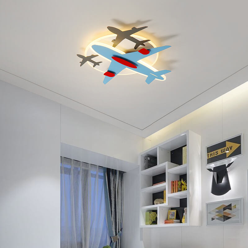 Contemporary Aircraft Shape Flush Mount Ceiling Light for Kids, Creative Iron Acrylic Aluminum LED Cartoon Design, Modern Children's Room Lighting Fixture, Stylish Aviation-Themed Light for Nursery and Playroom, Energy-Efficient Kids Ceiling Lamp, Unique