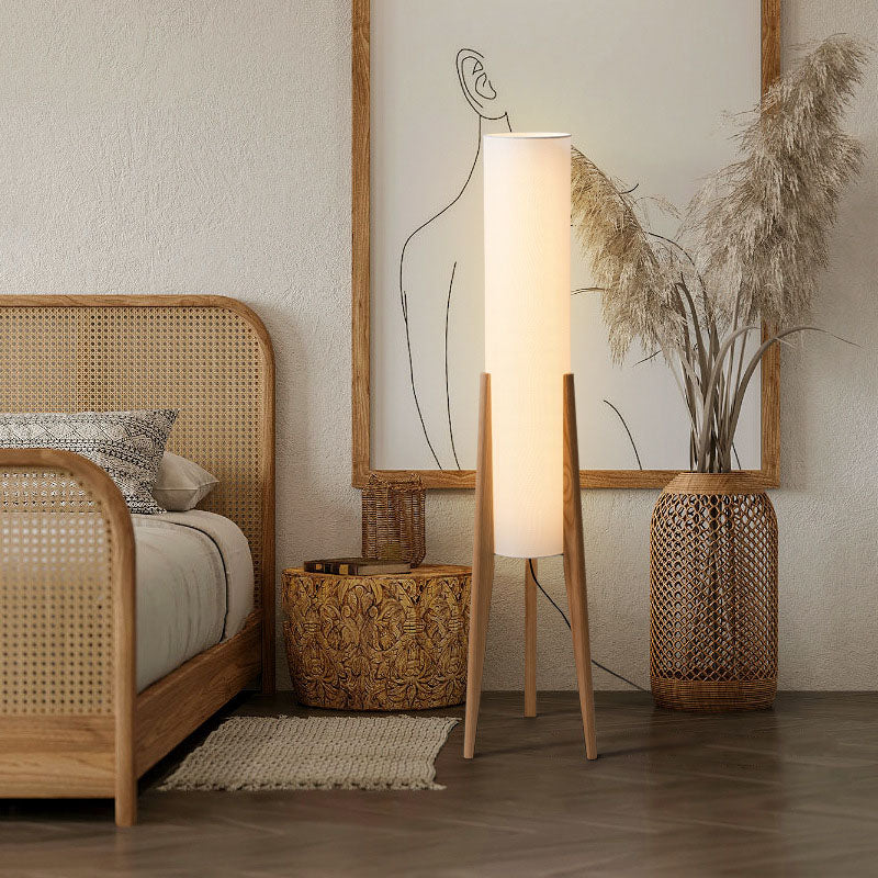 Traditional Chinese Fabric Floor Lamp with Wood Tripod for Study Lighting