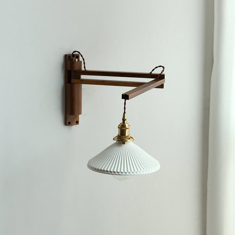 Nordic White Striped Glass Walnut Retractable Wall Sconce Lamp 1-Light