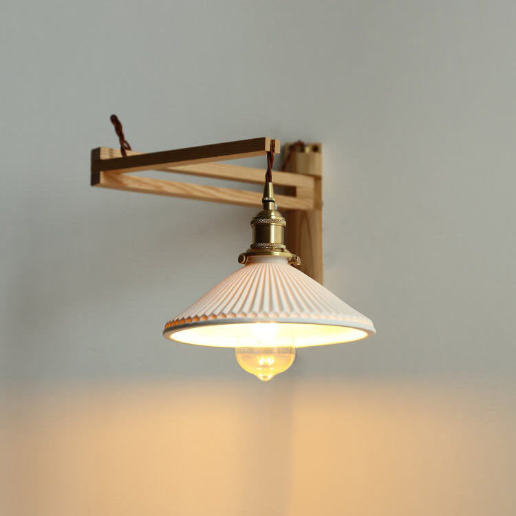 Nordic White Striped Glass Walnut Retractable Wall Sconce Lamp 1-Light