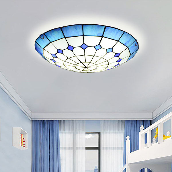 Tiffany Mediterranean Stained Glass Dome Flush Mount Ceiling Light - 2-Light Hallway Fixture