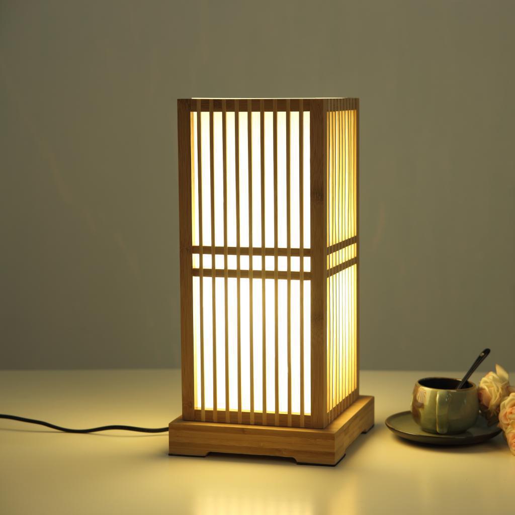 Traditional Japanese Square Bamboo Column 1-Light Table Lamp for Bedroom, Asian Decor Lighting, Artisan Craftsman Design, Elegant Nightstand Lamp, Eco-Friendly Bamboo Table Lamp, Soft Ambient Light for Bedroom, Japanese Style Home Decor, Unique Handmade L