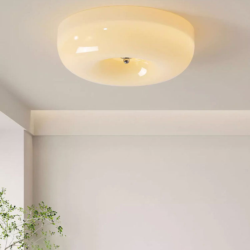 Contemporary Nordic Creamy Yellow Pudding Glass Shade Iron LED Flush Mount Ceiling Light