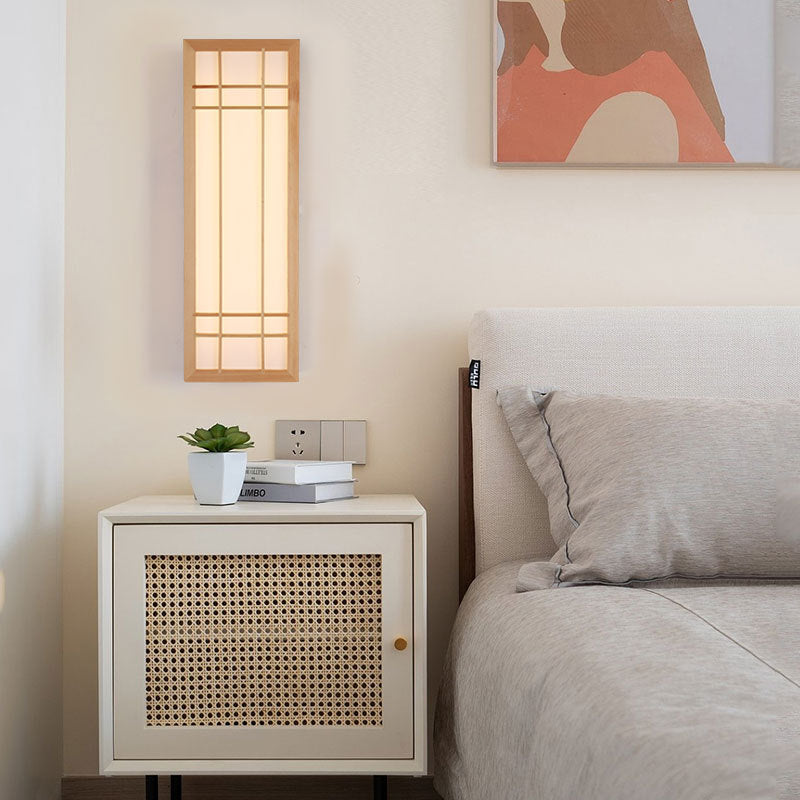 Traditional Japanese Solid Wood LED Wall Sconce for Bedroom