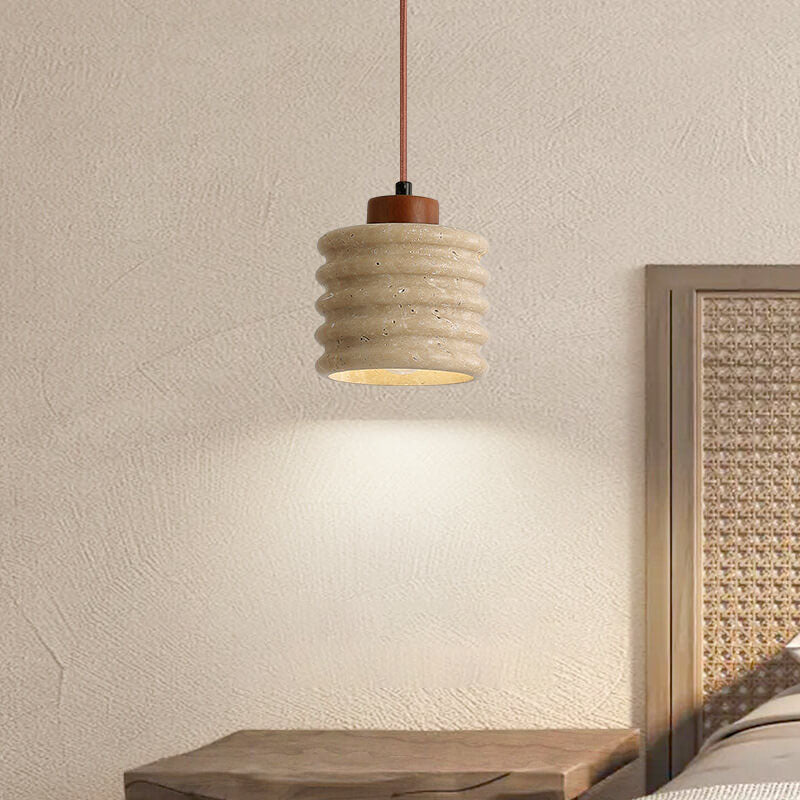 Wabi-Sabi Yellow Travertine Cylinder Pendant Light - Wood 1-Light Lampshade