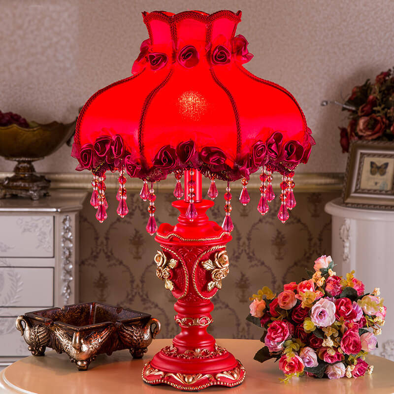 European Wedding Red Fabric Tassel Resin 1-Light Table Lamp for Bedroom, Living Room, Home Décor, Bohemian Style Lighting, Vintage Decorative Light Fixture, Elegant Room Accent, Unique Gift Idea, Warm Ambiance Lighting
