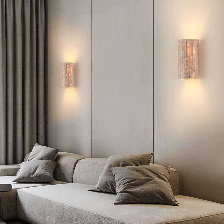 Traditional Japanese Striped Beige Travertine Semicircle LED Wall Sconce for Living Room - Waterproof Decor Lighting