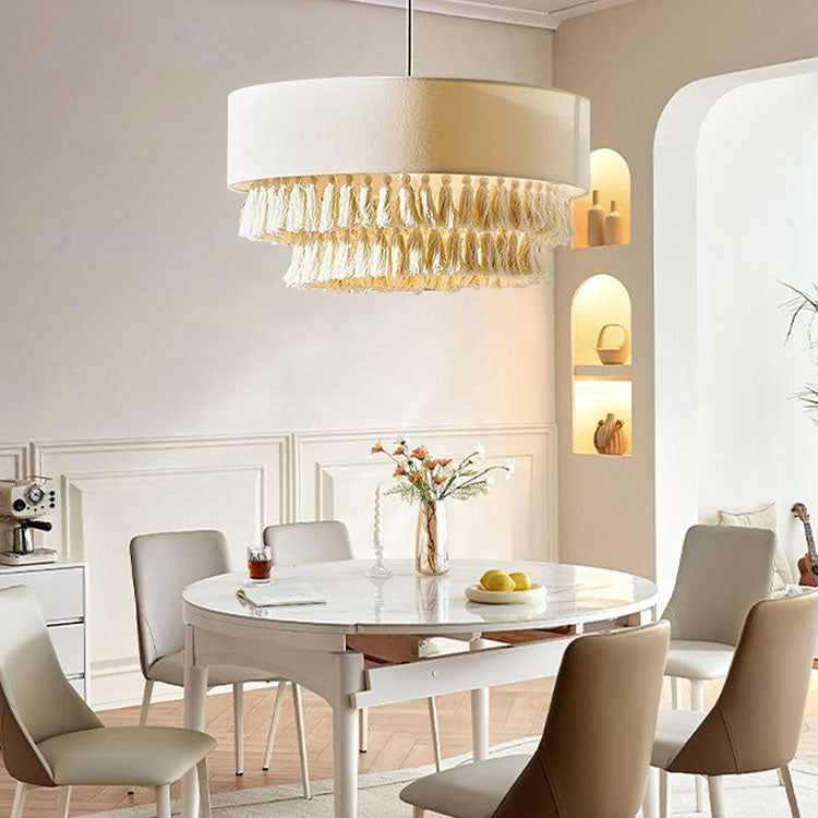 Contemporary Boho 3-Light Chandelier - Fabric Shade with Tassel & Braided Rope for Living Room