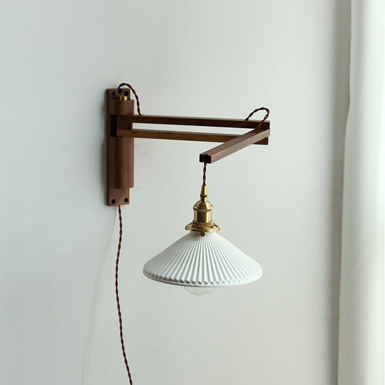 Nordic Milk White Striped Glass Walnut Retractable Wall Sconce Lamp - 1-Light Decor