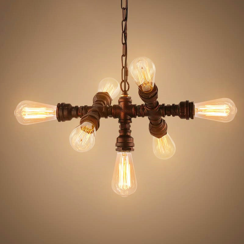 Industrial Iron Water Pipe 7-Light Chandelier - Vintage Lighting Fixture for Home Decor, Rustic Ceiling Pendant, Loft Style Illumination, Retro Designers Light