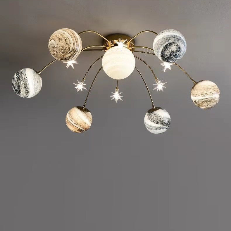 Contemporary Nordic Kids Iron Glass Earth Planet 13-Light Semi-Flush Mount Ceiling Light