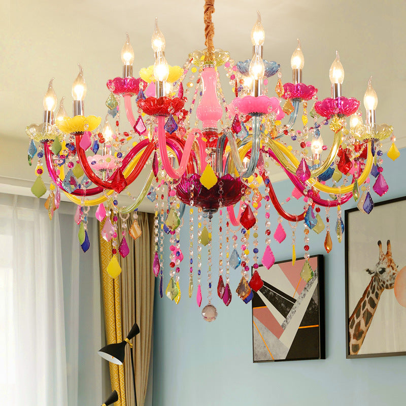 Traditional European 6-Light Glass Crystal Metal Fabric Chandeliers for Living Room