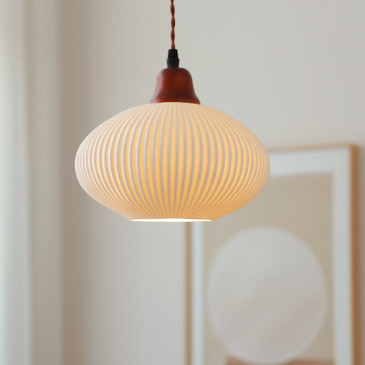 Traditional Japanese Pleated Round Dome Pendant Light - Ceramic & Wood Design for Living Room & Bedroom