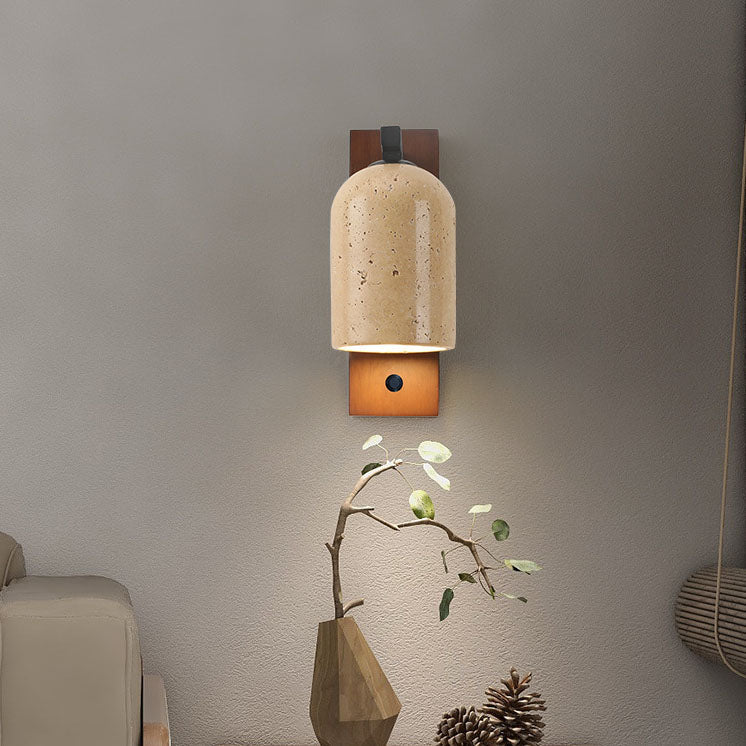 Traditional Japanese Yellow Travertine Wall Sconce Lamp - Solid Wood Base, 1-Light Design for Bedroom