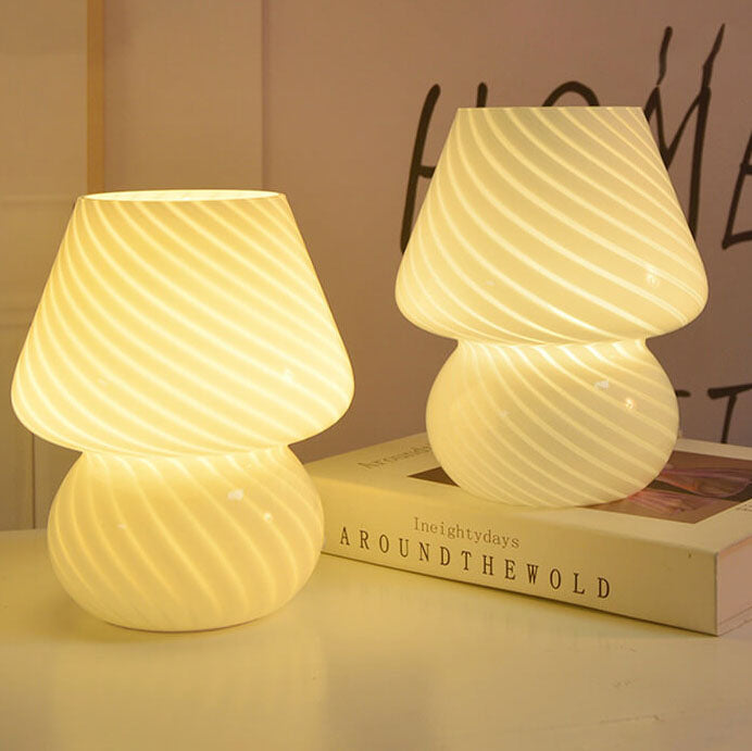 Modern Minimalist Striped Mushroom Glass 1-Light Table Lamp, Contemporary Home Decor Lamp, Stylish Nightstand Lighting, Unique Accent Light, Vintage Inspired Room Design, Eco-Friendly Design, Adjustable Brightness Table Light, Chic Office or Bedroom Illum
