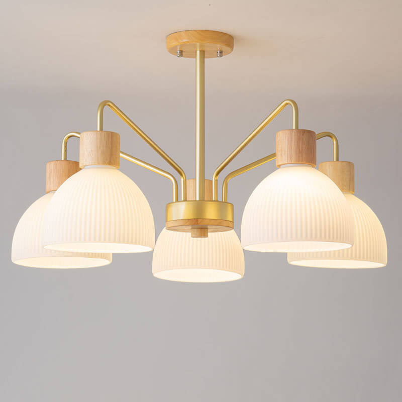 Nordic Vintage Wooden Glass Dome Chandelier 3/5 Light Fixture