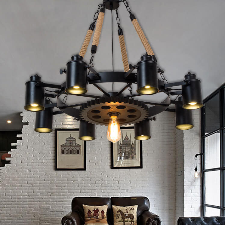 Contemporary Industrial Retro Wrought Iron Hemp Rope Chandelier - 7/9/11 Lights for Living Room
