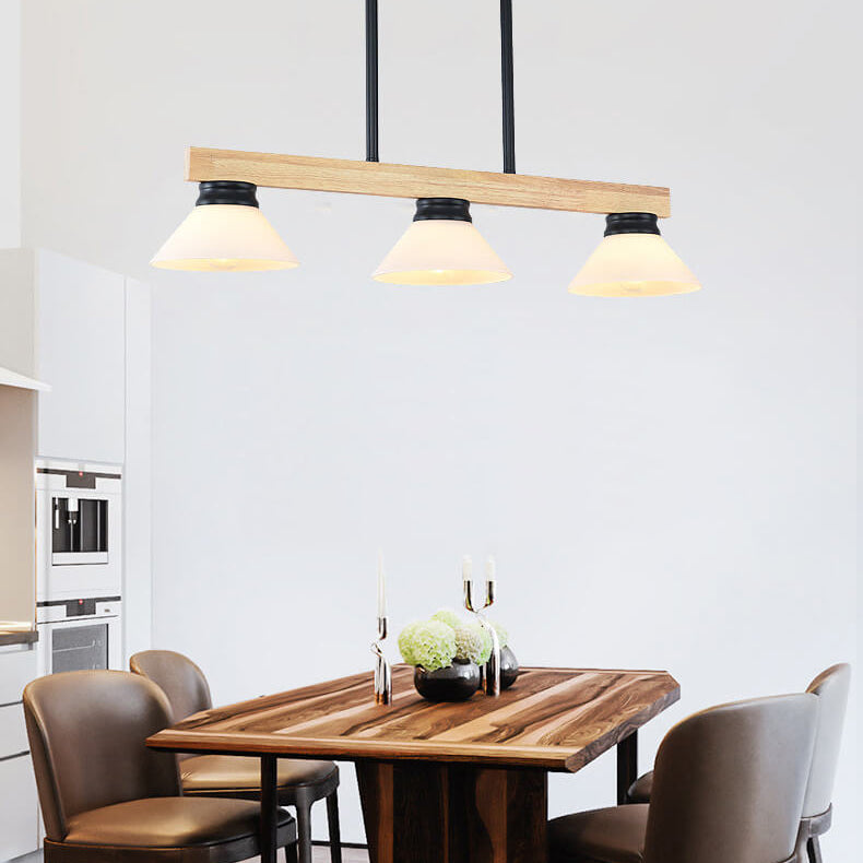 Nordic Solid Wood Cone Glass Shade 3/4 Light Island Chandelier