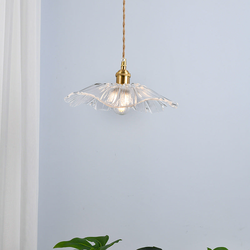 Nordic Vintage Glass Flower Brass Pendant Light 1-Light