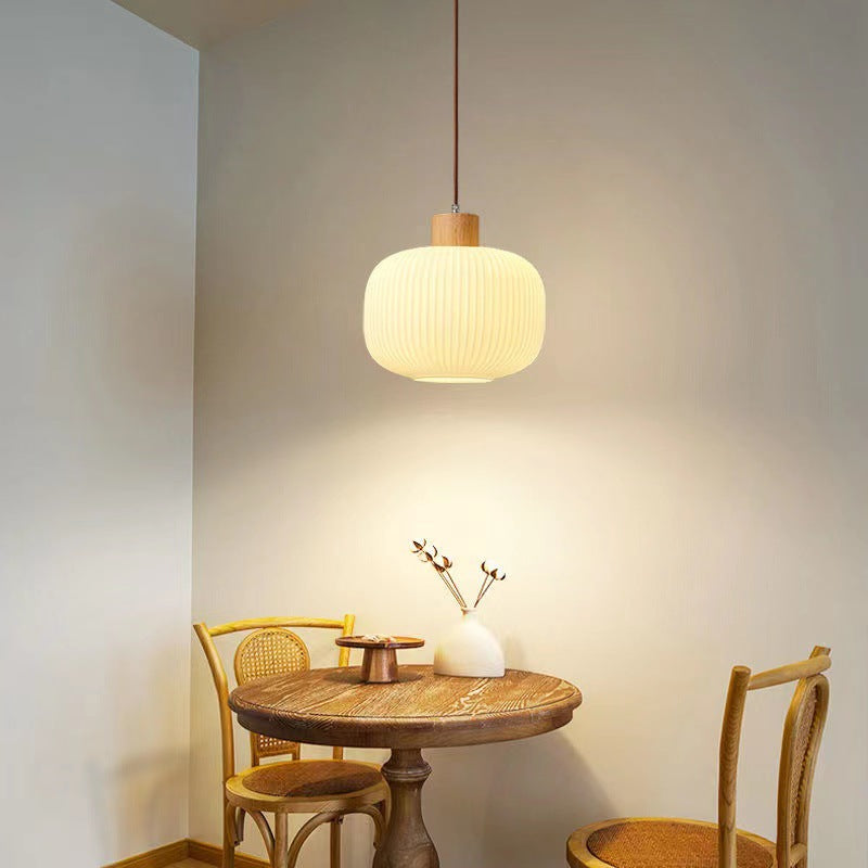 Traditional Japanese Solid Wood Strip Glass Jar Pendant Light for Living Room, 1/2/3 Light Island Fixture