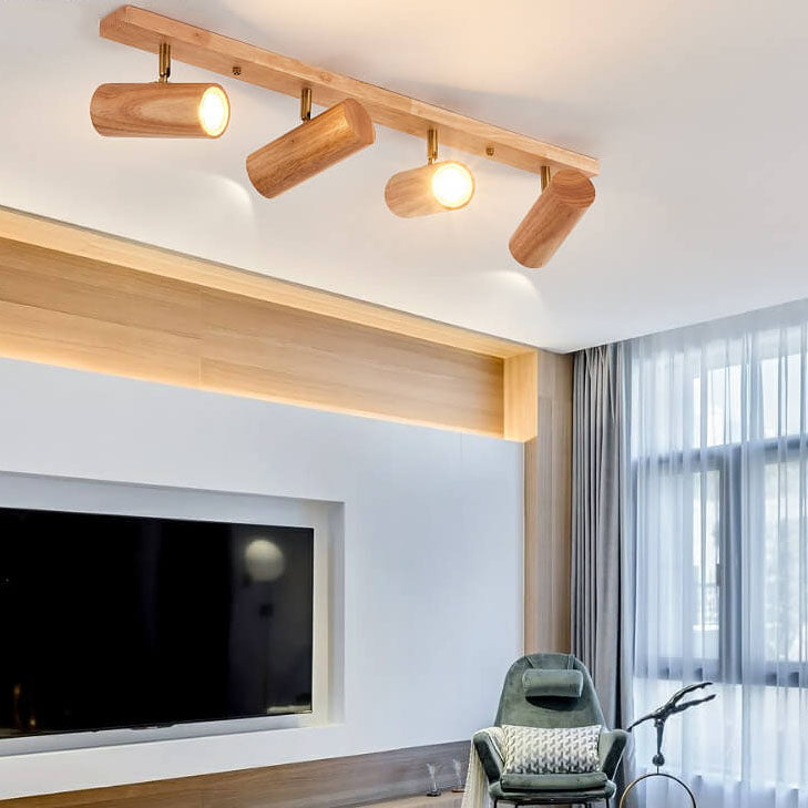 Japanese Minimalist Solid Wood Spotlight Track Ceiling Light - 1/3/4 Light Flush Mount