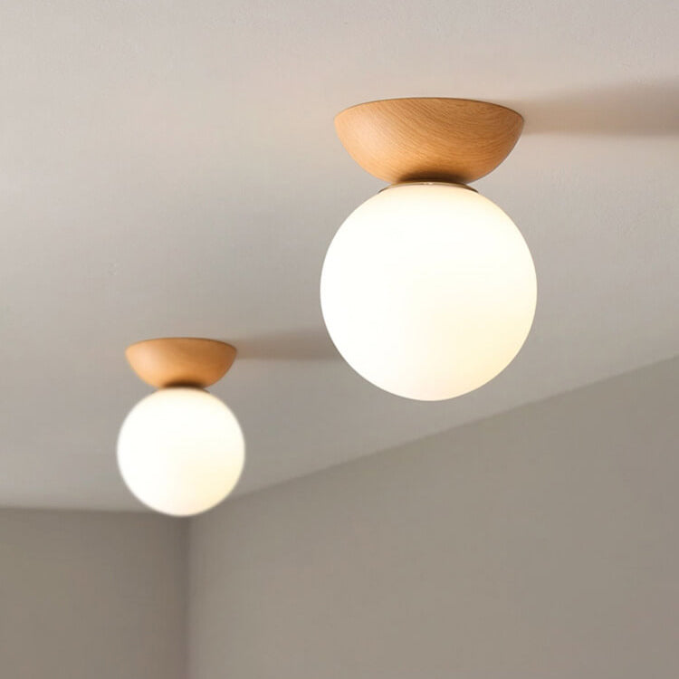 Japanese Minimalist Wood Grain Round Flush Mount Ceiling Light - 1-Light Glass Fixture