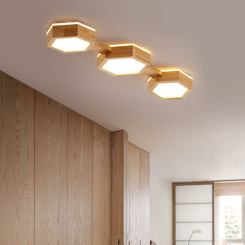 Modern Wooden Hexagonal LED Ceiling Light - Flush Mount Design