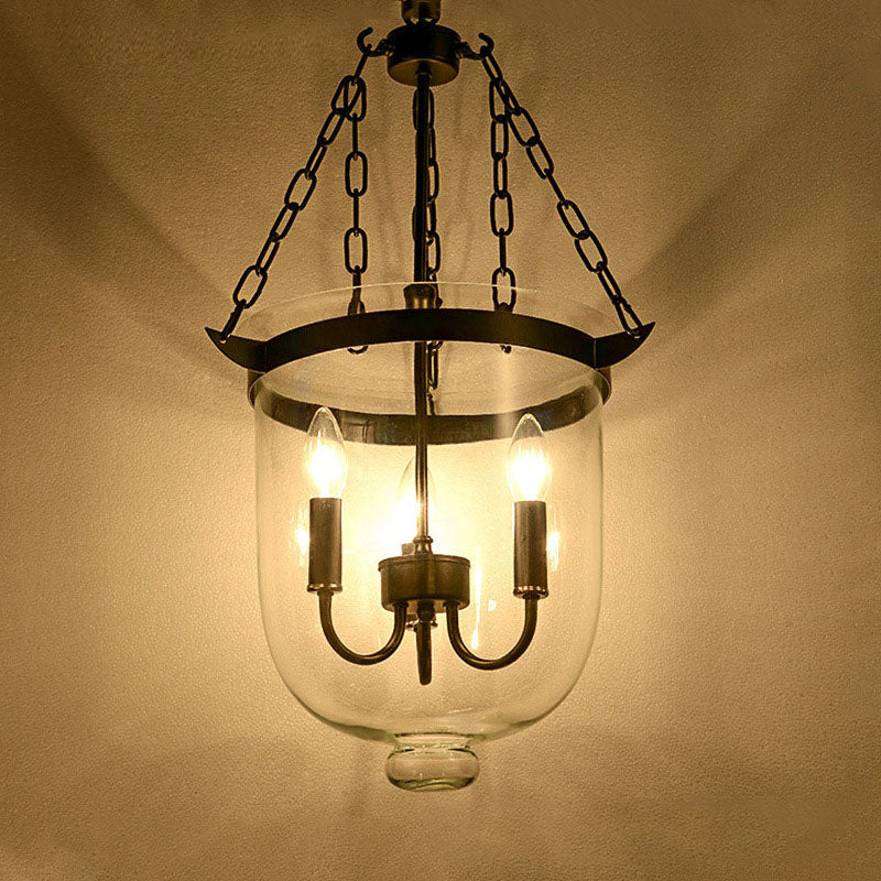 Rustic Round Glass Bucket Iron Candelabra 3-Light Chandelier for Living Room