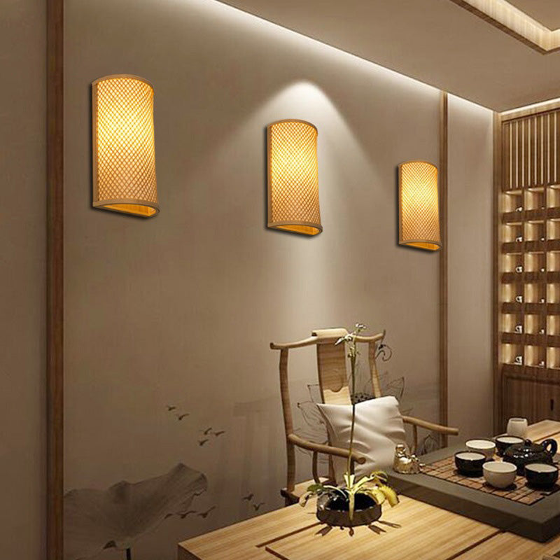 Traditional Japanese Bamboo Wall Sconce Lamp - Semicircular Cylinder, 2-Light for Bedside Lighting