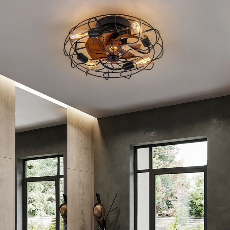 Contemporary Industrial Wood Grain Drum Cage Ceiling Fan Light - 3-Light Flush Mount for Living Room