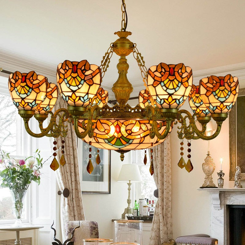 Traditional Tiffany Bead Dome Baroque Chandelier - 8/11 Light Iron and Glass Alloy for Living Room