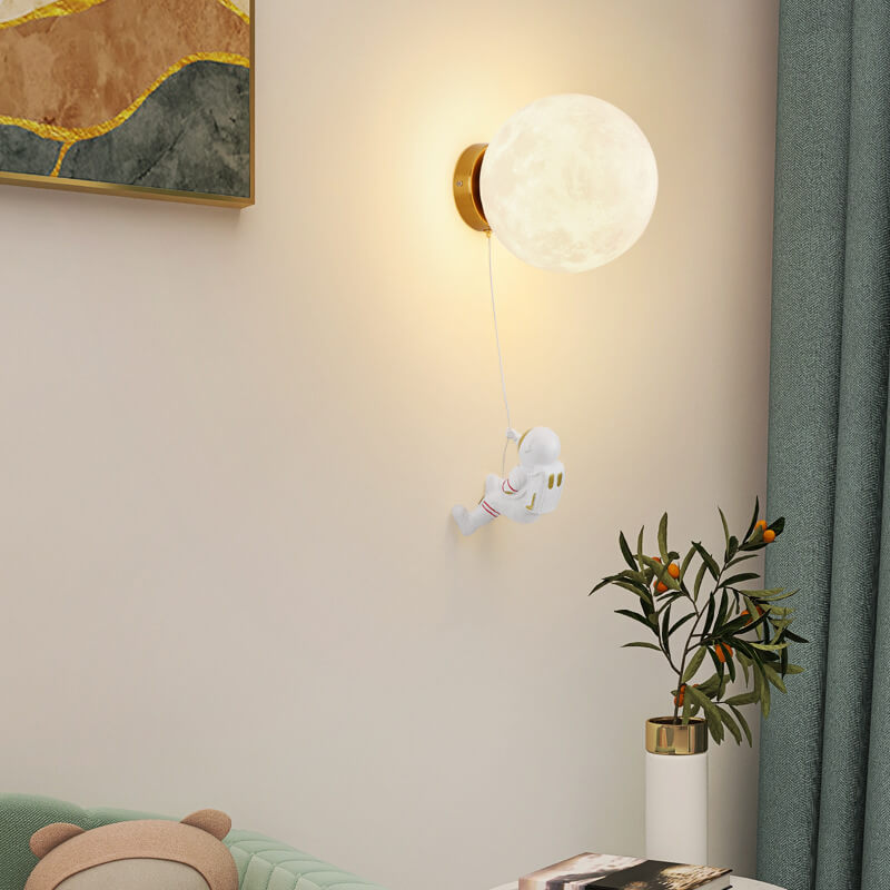 Contemporary 3D Printed Moon Shade Resin Astronaut 1-Light Wall Sconce Lamp for Bedroom, Unique Astronaut Decor, Modern Space-Themed Lighting, Ideal for Kids Room, Nursery Decor, Cosmic Wall Light, Artistic Home Lighting Fixture, Ambient Night Light for S
