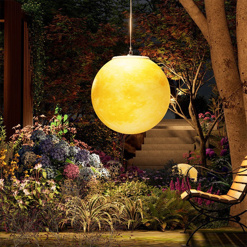 Contemporary Nordic Solar Waterproof PE Resin Round Moon LED Pendant Light for Outdoor Patio