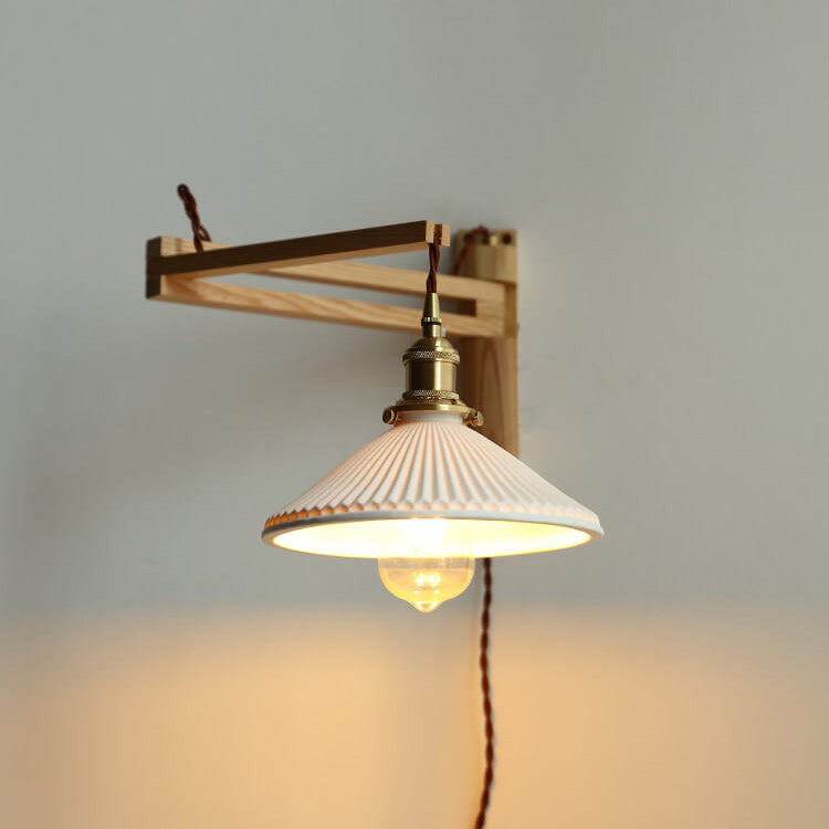 Nordic Milk White Striped Glass Walnut Retractable Wall Sconce Lamp - 1-Light Decor