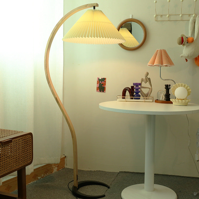 Traditional Japanese Pleated Cone Floor Lamp with Arc Wood Pole - 1-Light Design for Home Office Decor
