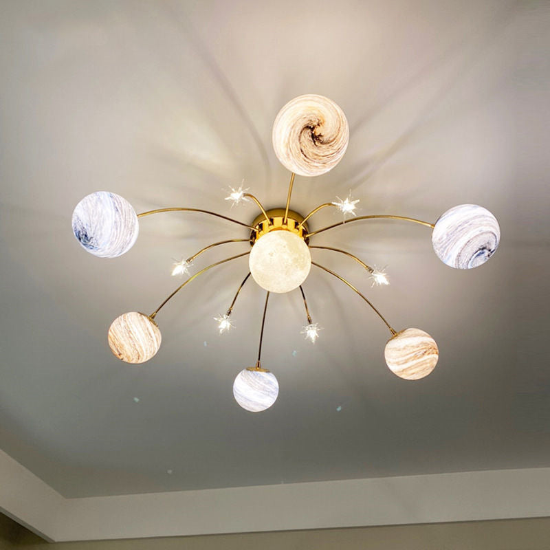 Contemporary Nordic Kids Iron Glass Earth Planet 13-Light Semi-Flush Mount Ceiling Light