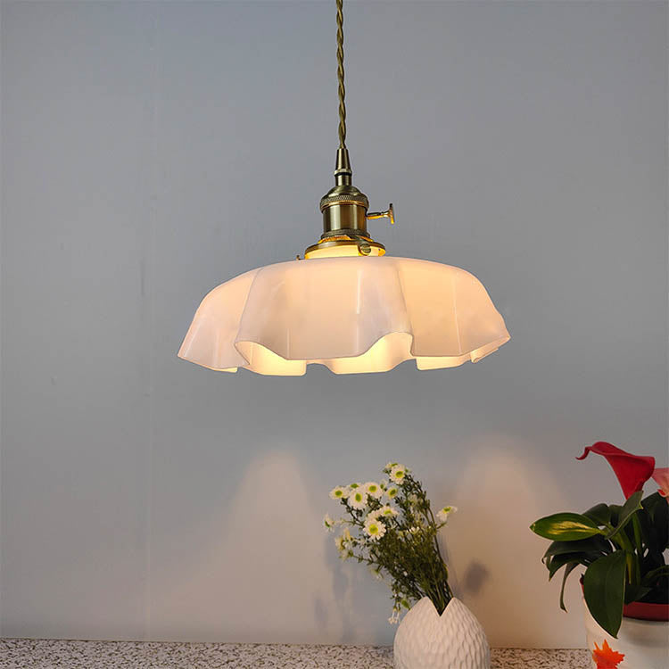Traditional Japanese Cream Petal Glass Iron Pendant Light for Dining Room