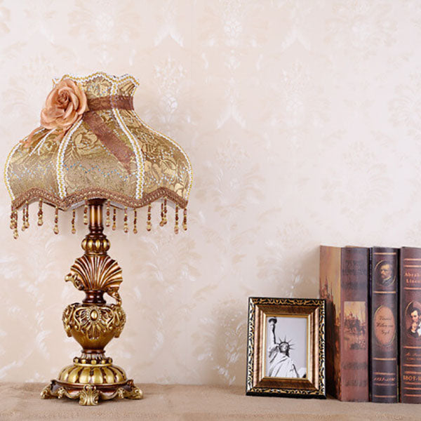 European Vintage Fabric Tassel Resin Court 1-Light Table Lamp – Elegant Home Decor Lighting, Vintage Table Lamp, Fabric Shade Lamp, Boho Chic Decor, Rustic Resin Lamp, Indoor Lighting, Stylish Bedroom Accent, Antique Design, Unique Living Room Lamp, Decor