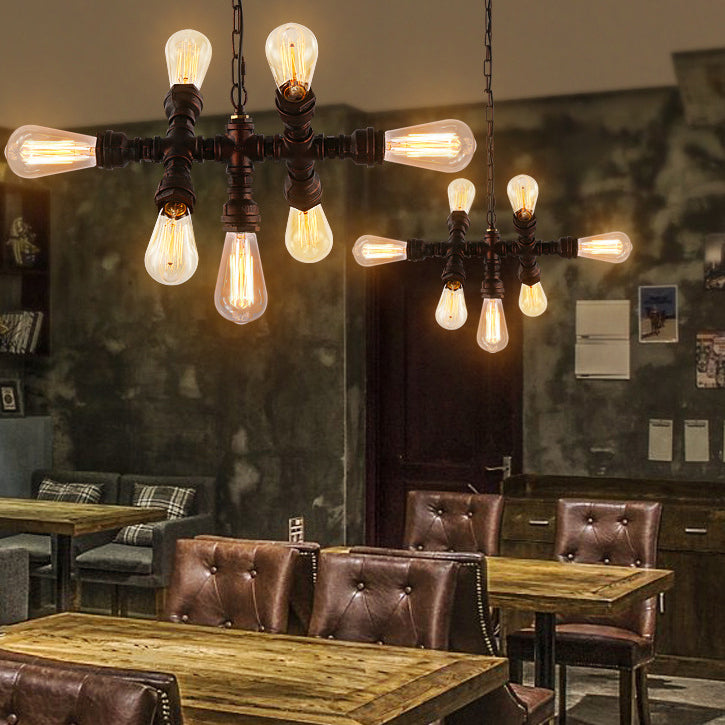 Industrial Iron Water Pipe 7-Light Chandelier - Vintage Lighting Fixture for Home Decor, Rustic Ceiling Pendant, Loft Style Illumination, Retro Designers Light