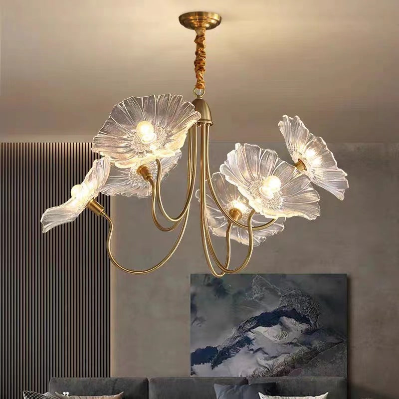 Modern Art Deco Gold Finish Chandelier with Lotus Leaf Glass Shade - 3/6 Lights for Living Room