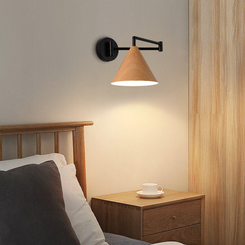 Contemporary Nordic Cone Swing Arm Wall Sconce Lamp - Wood Grain Iron 1-Light for Bedroom