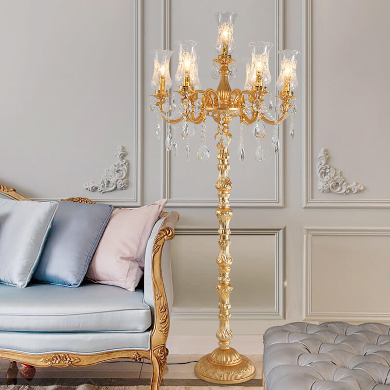 Luxury Golden Crystal Zinc Alloy 7-Light Floor Lamp for Bedroom