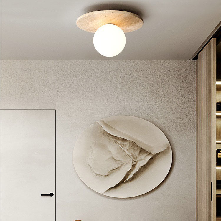 Modern Minimalist Yellow Travertine Cylinder Oval Dish Semi-Flush Mount Light for Living Room