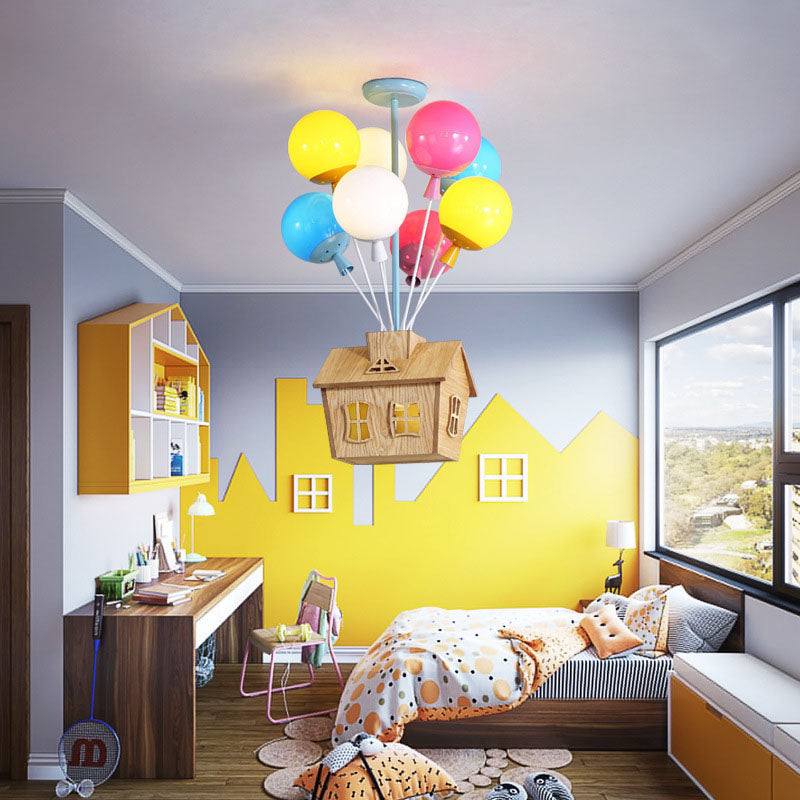 Contemporary Colorful Acrylic Balloon Log Cabin Semi-Flush Mount Ceiling Light for Kids Bedroom, 7/9-Light Bright Chandelier, Fun Decorative Lighting, Modern Kids Room Fixture, Playful Nursery Ceiling Lamp